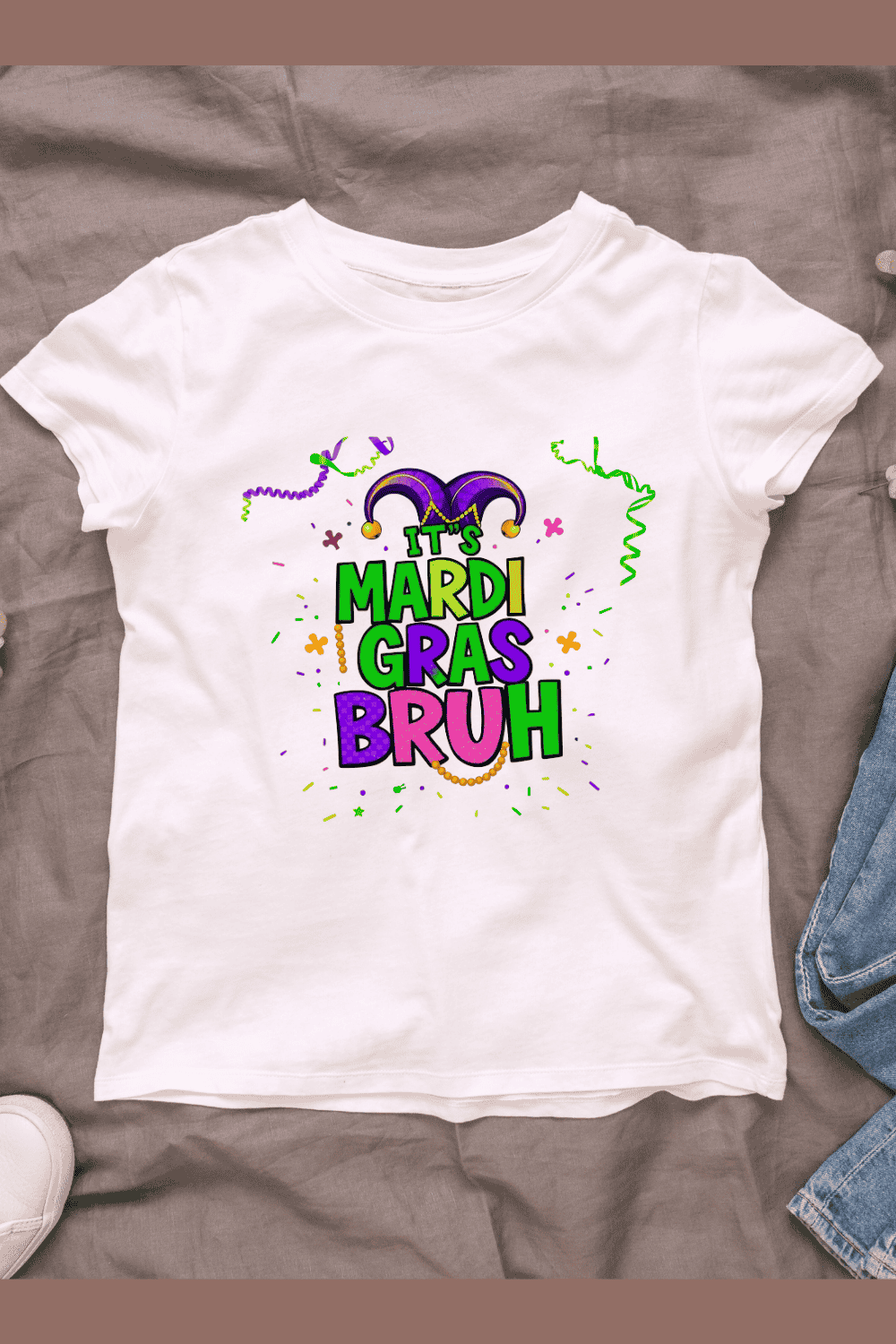 Colorful Sparkling Mardi Gras Letters T-shirt Design pinterest preview image.