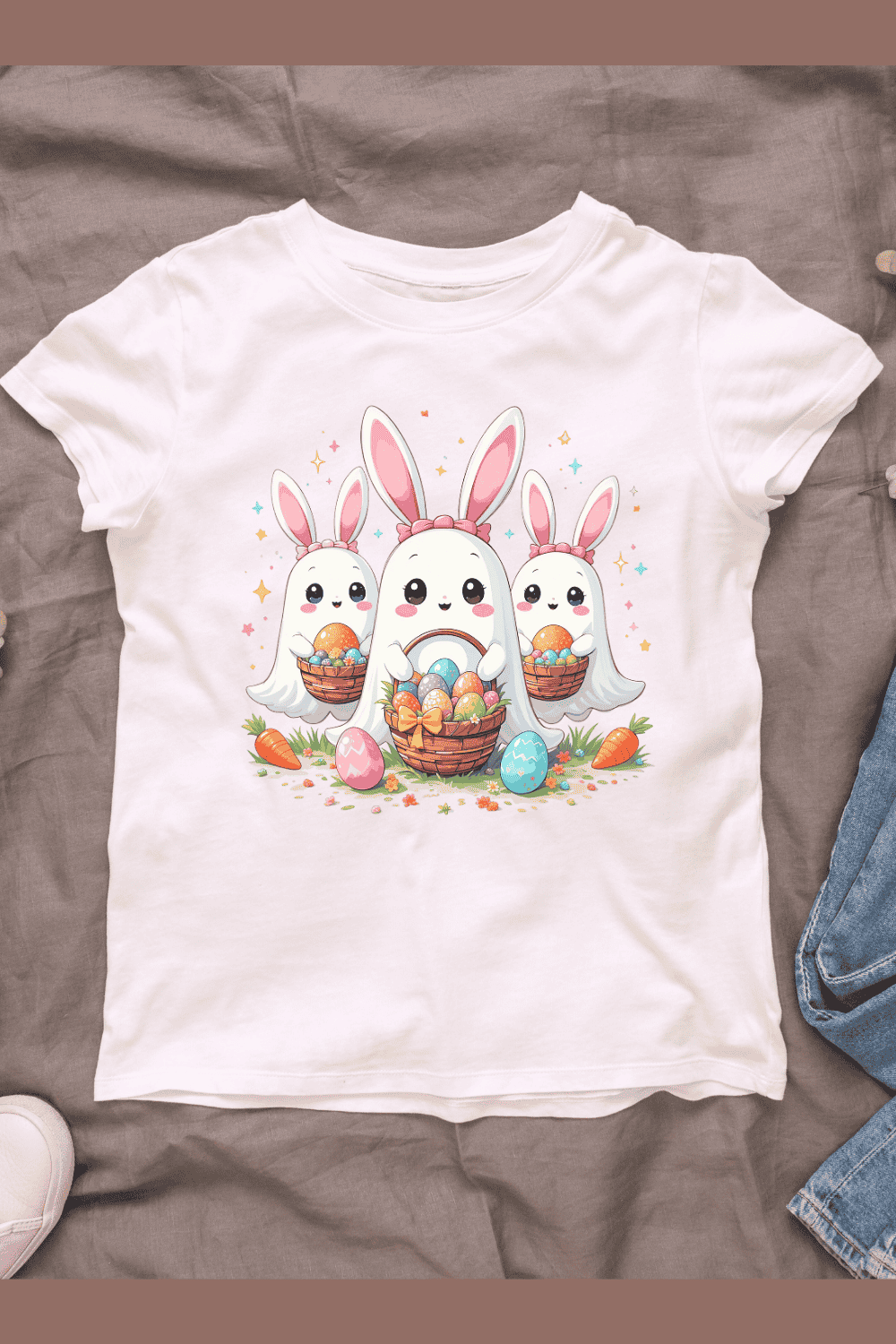 Pink bunny ears of ghost with basket filled of eggs with floral T-shirt Design pinterest preview image.