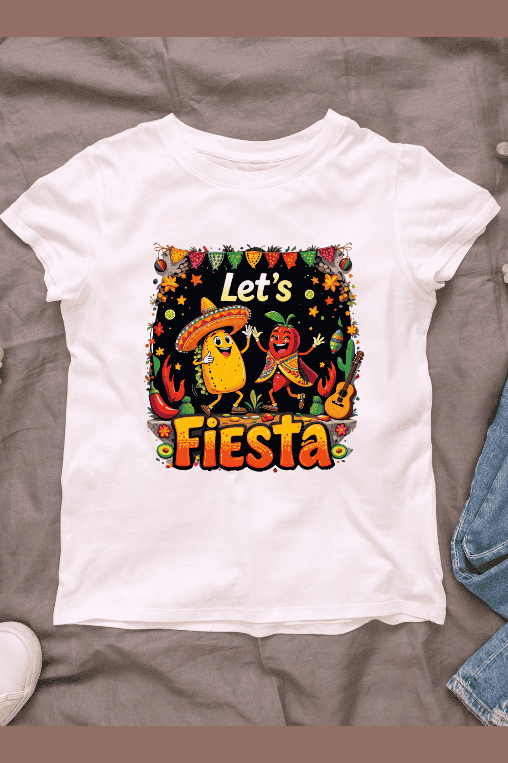 Colorful Let's Fiesta text T-shirt Design Bundle pinterest preview image.