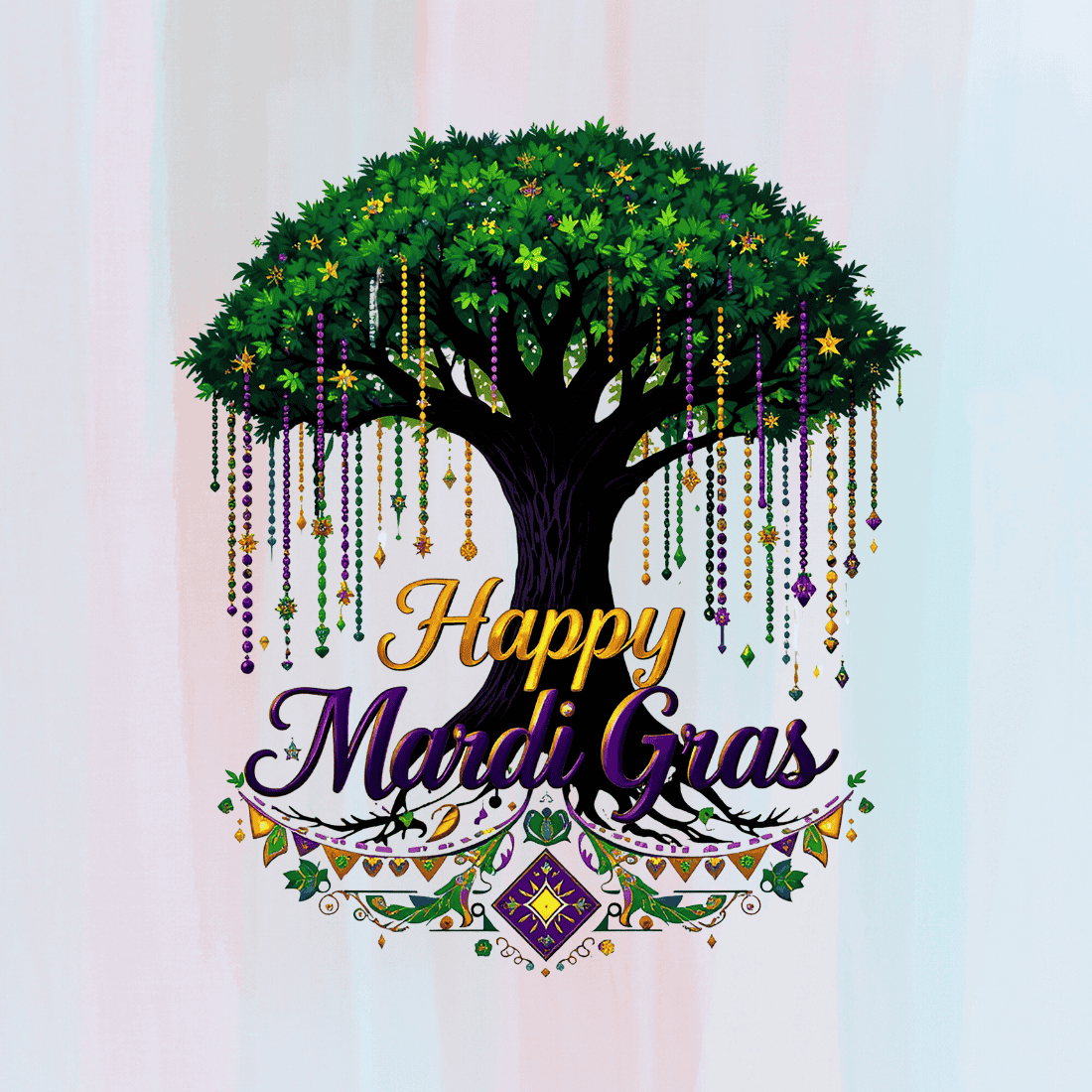 Colorful Mardi Gras tree with hanging beads T-Shirt Design preview image.