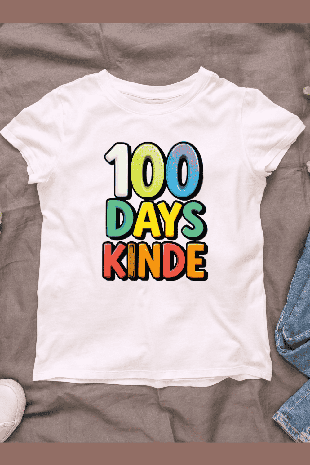 Colorful "100 Days Kinder" text T-shirt Design pinterest preview image.