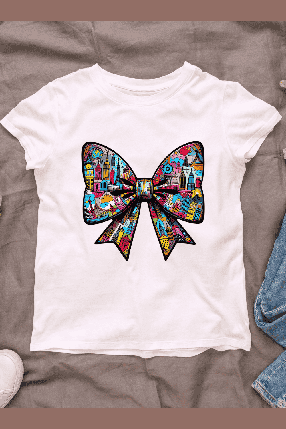 Vibrant cityscape bow tie T-shirt Design pinterest preview image.