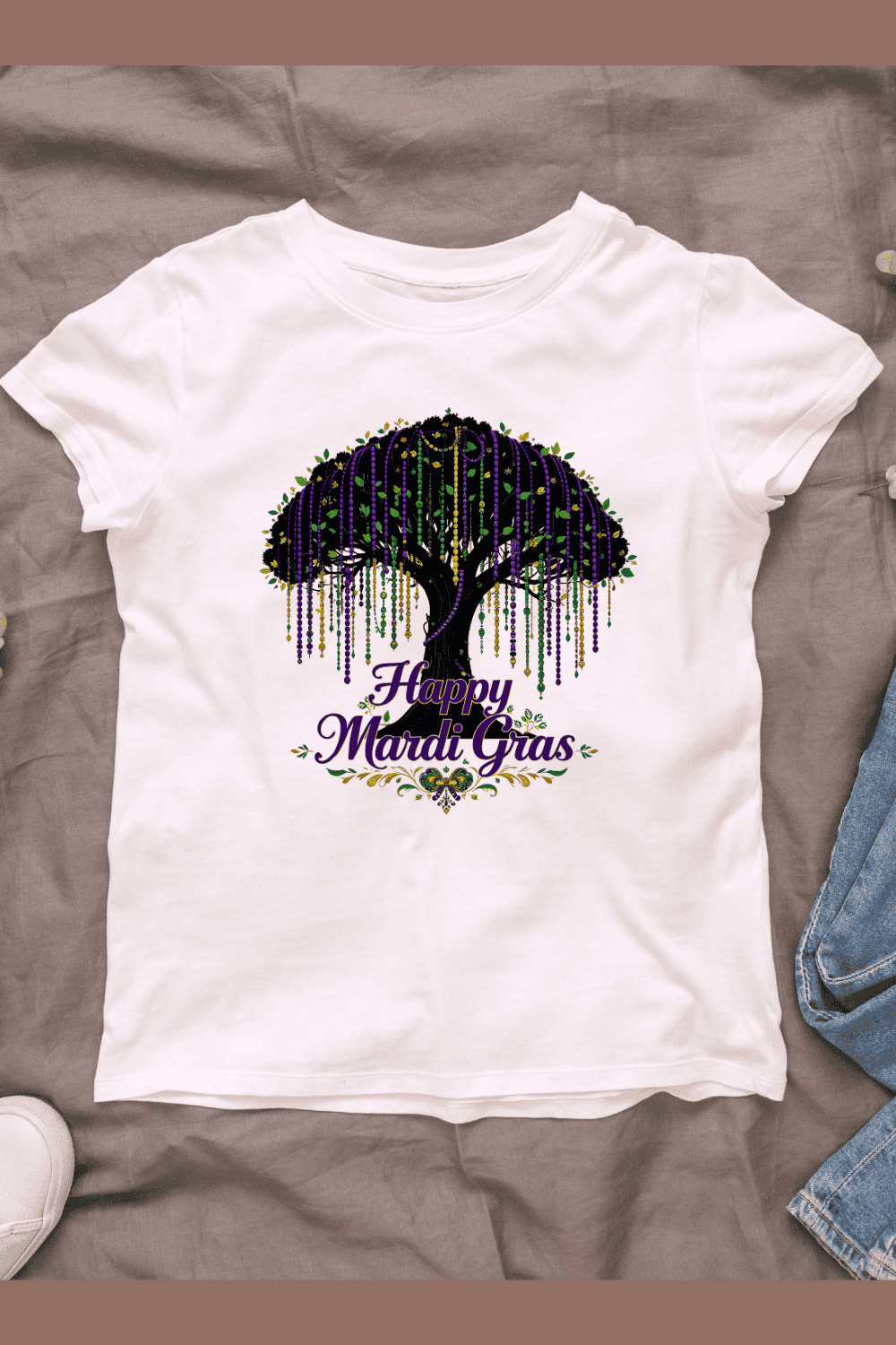 Mardi Gras tree silhouette with colorful beads hanging T-Shirt Design pinterest preview image.