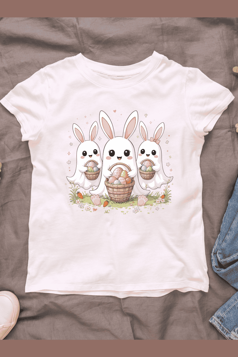 Rabbit ear ghost with wicker baskets of eggs T-shirt Design pinterest preview image.