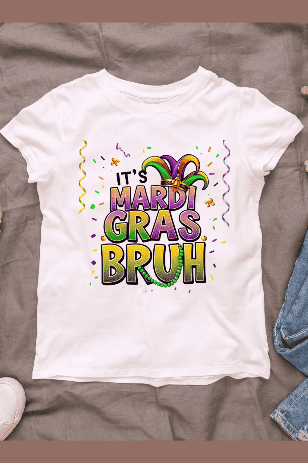 Vibrant Mardi Gras Glitter Letters T-shirt Design pinterest preview image.