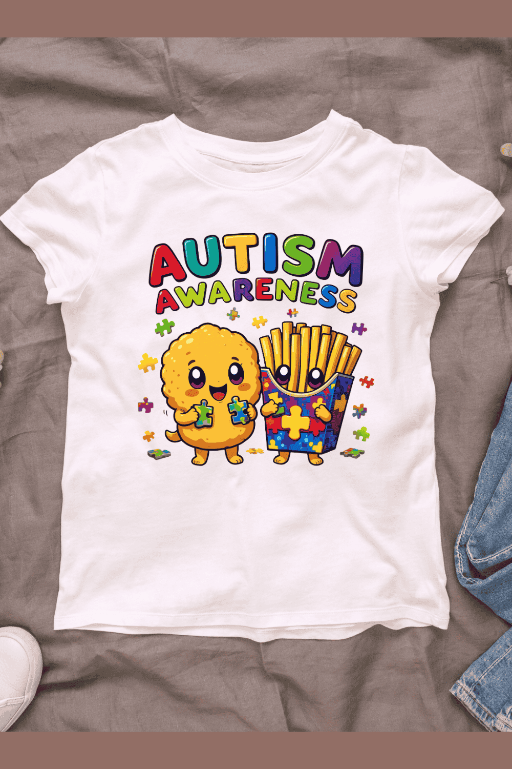 Cute Food Characters Autism Awareness T-Shirt Design pinterest preview image.