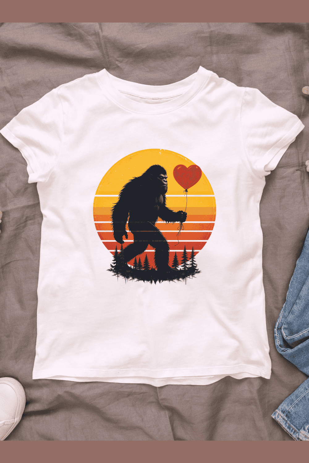 Vintage Sunset bigfoot with heart-shaped balloon T-shirt Design pinterest preview image.