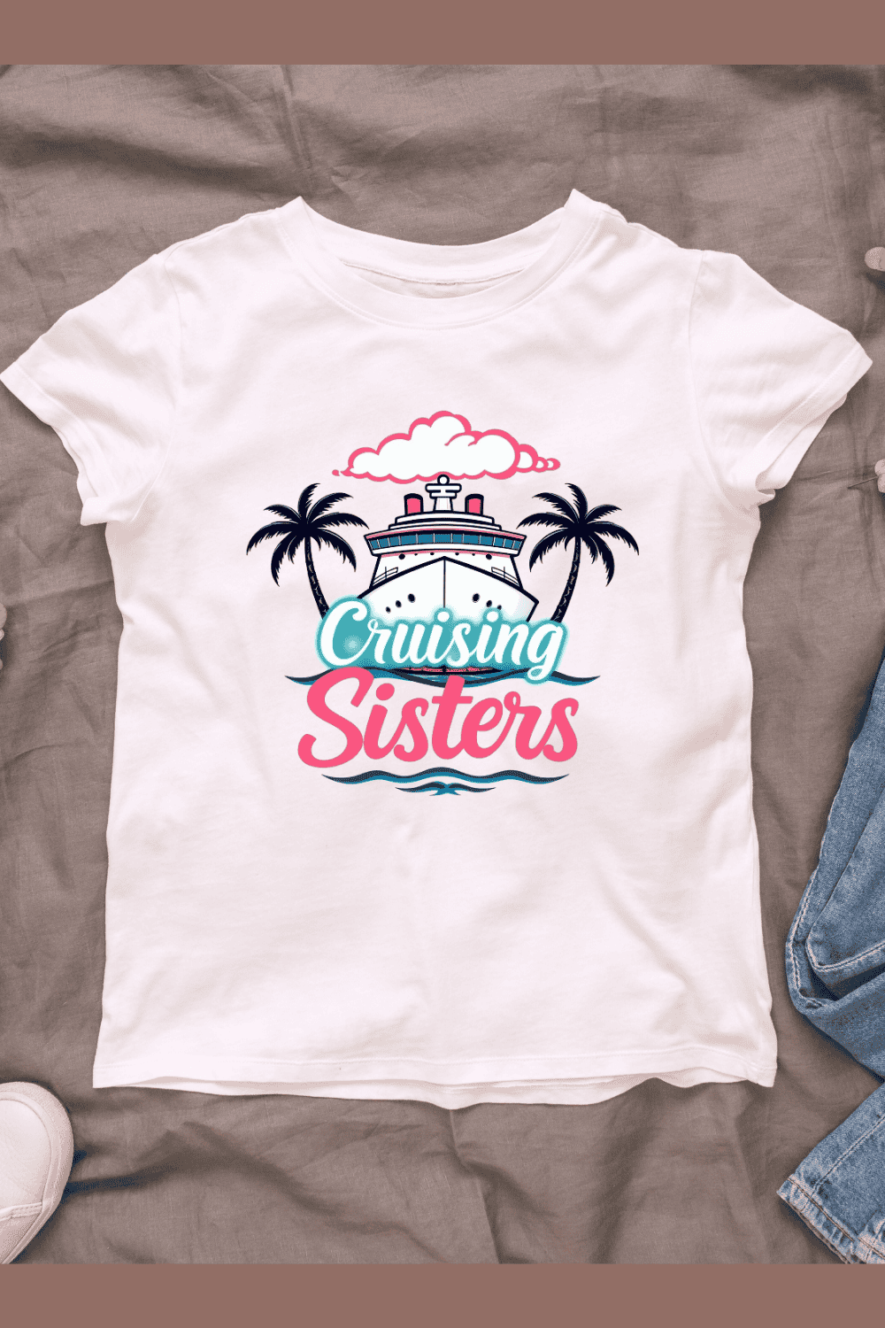 Cruise ship with "Cruising Sisters" text T-Shirt Design pinterest preview image.