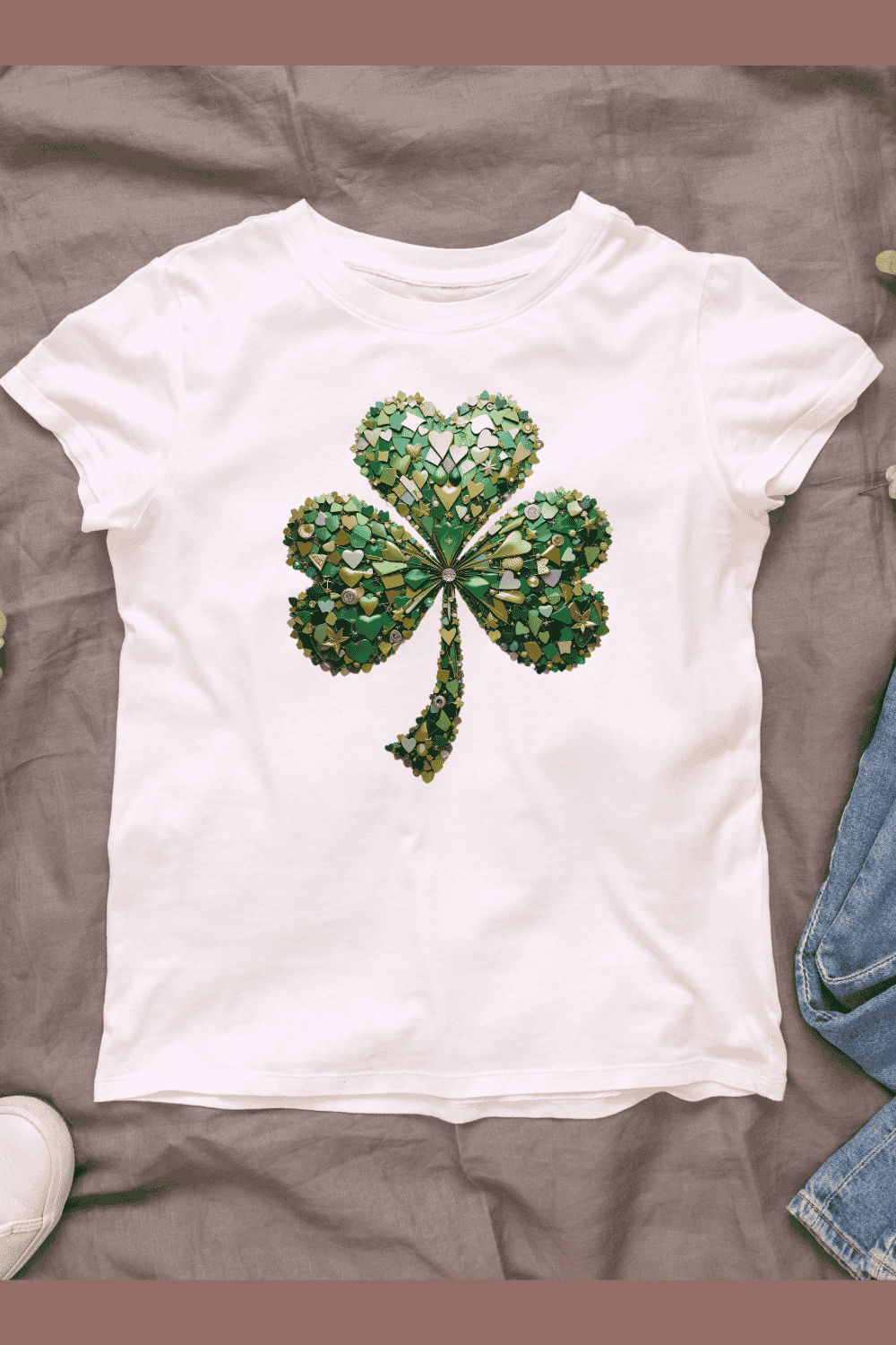 Detailed Shamrock with Green and Gold Accents T-shirt Design pinterest preview image.