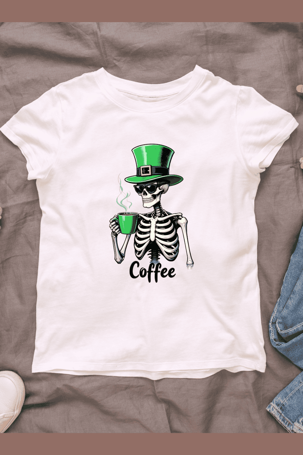 Skeleton with Leprechaun Hat and Coffee T-shirt Design pinterest preview image.