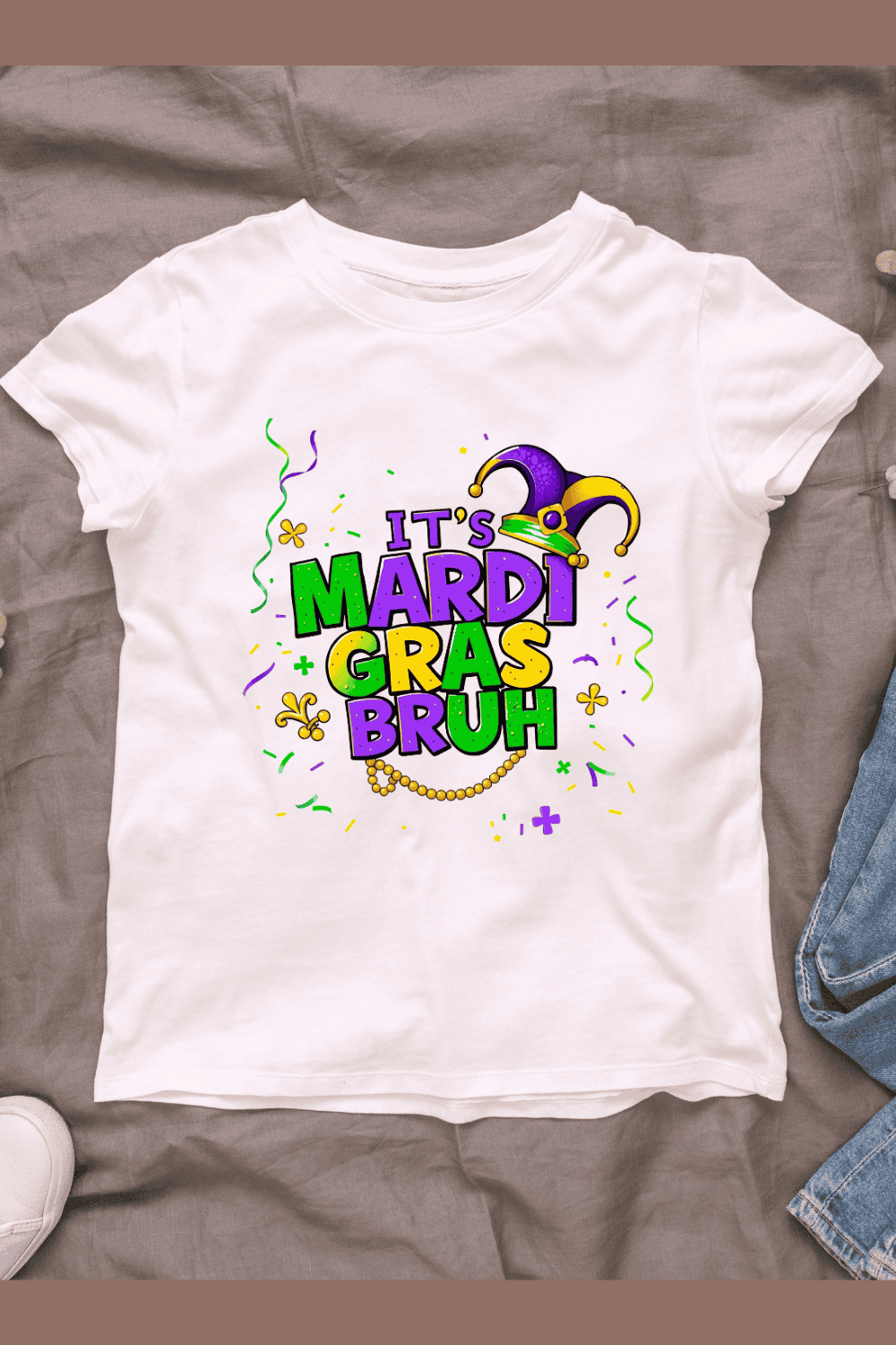 Whimsical Mardi Gras Text Art T-shirt Design pinterest preview image.