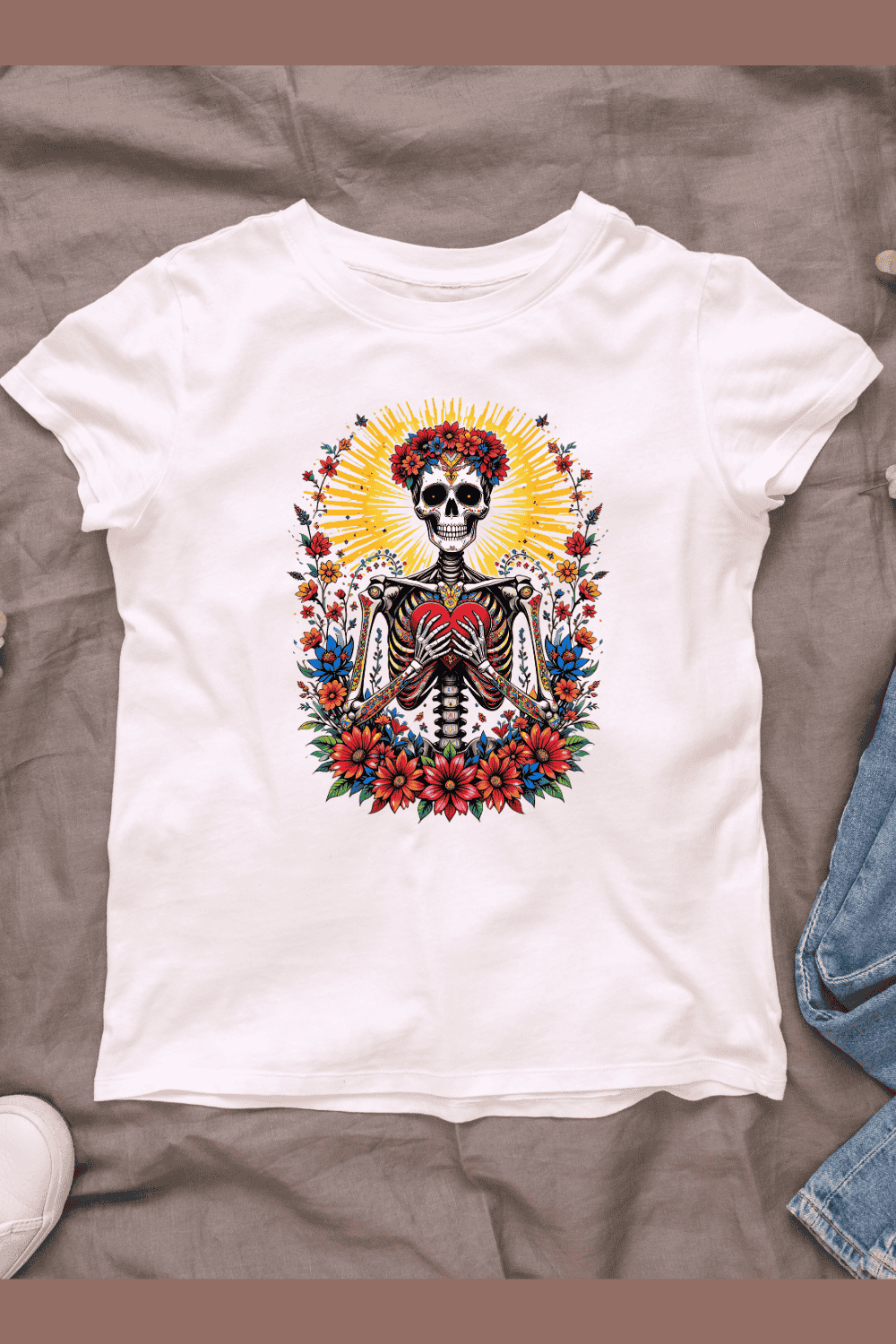 Skeleton Holding Heart with Floral Wreath T-shirt Design pinterest preview image.