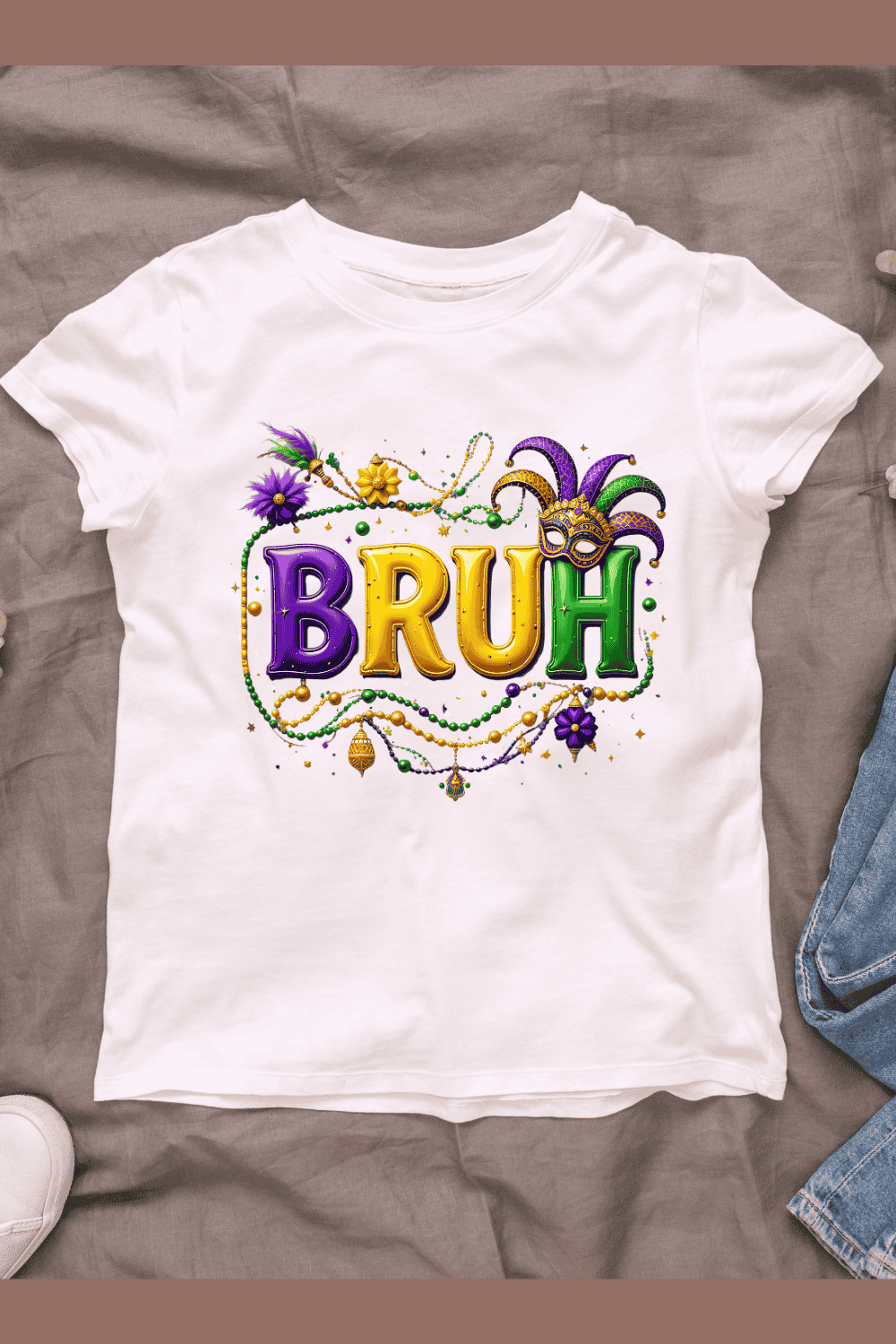 Party Bruh with Mardi Gras Elements T-shirt Design pinterest preview image.