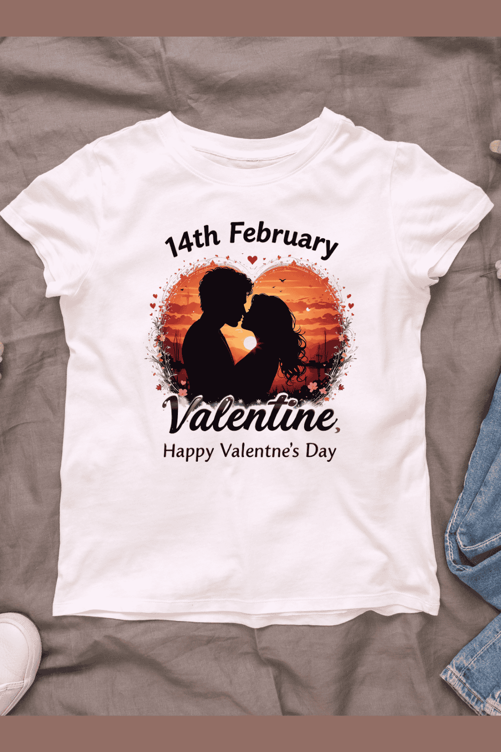 Romantic Couple at Sunset T-shirt Design pinterest preview image.