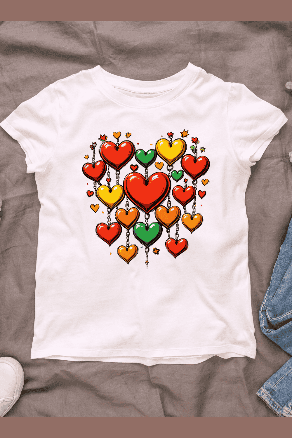 Valentine's day Red yellow green heart decorations T-Shirt Design pinterest preview image.