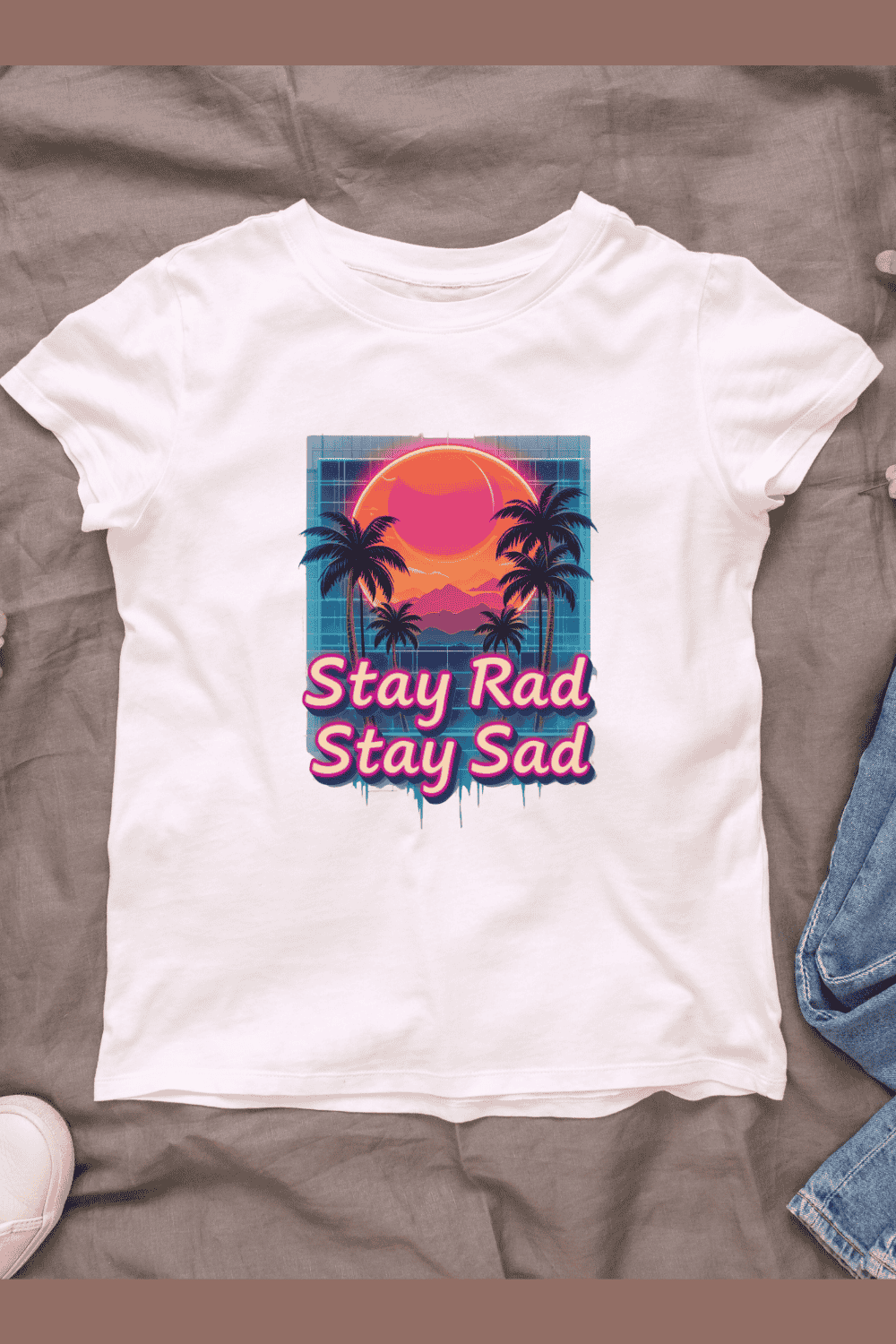 80s Inspired Graphic with Stay Rad Stay Sad Text T-shirt Design pinterest preview image.