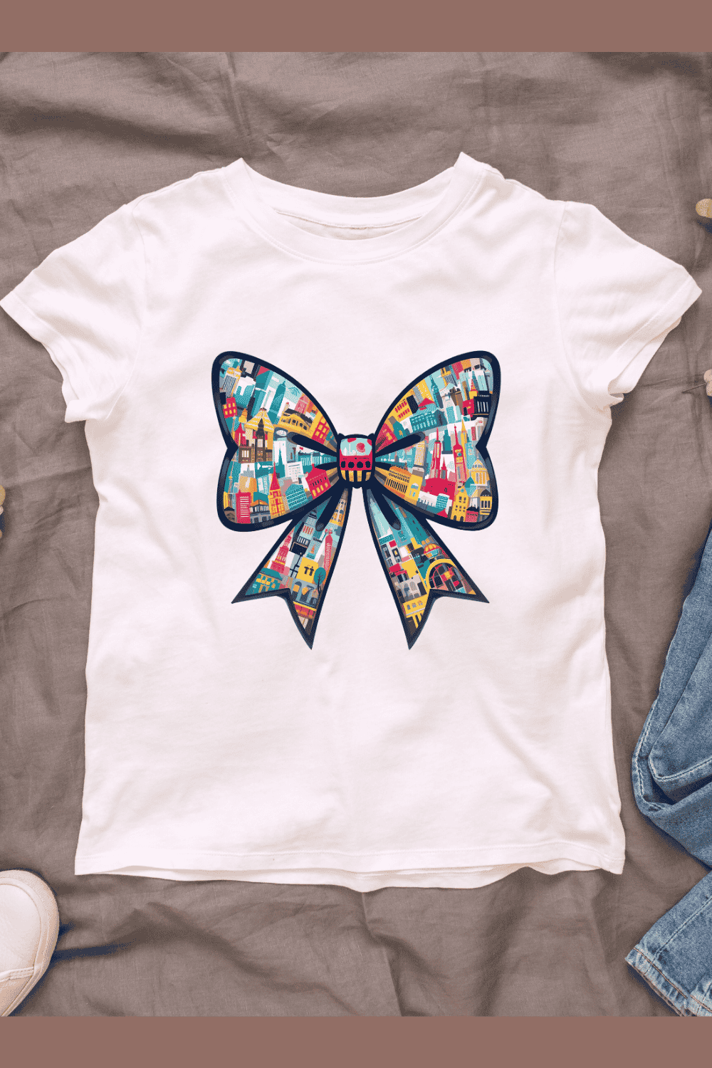 Colorful Cityscape Bow T-shirt Design pinterest preview image.