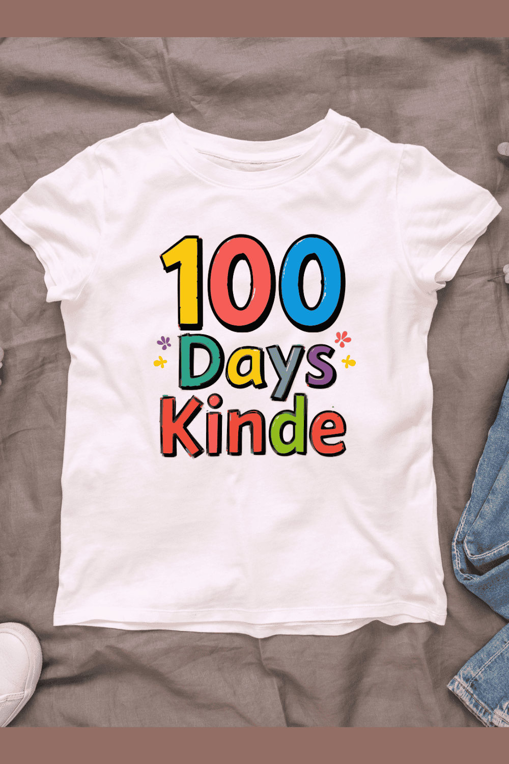 "100 DAYS KINDE" typography with rainbow gradient letters T-Shirt Design pinterest preview image.