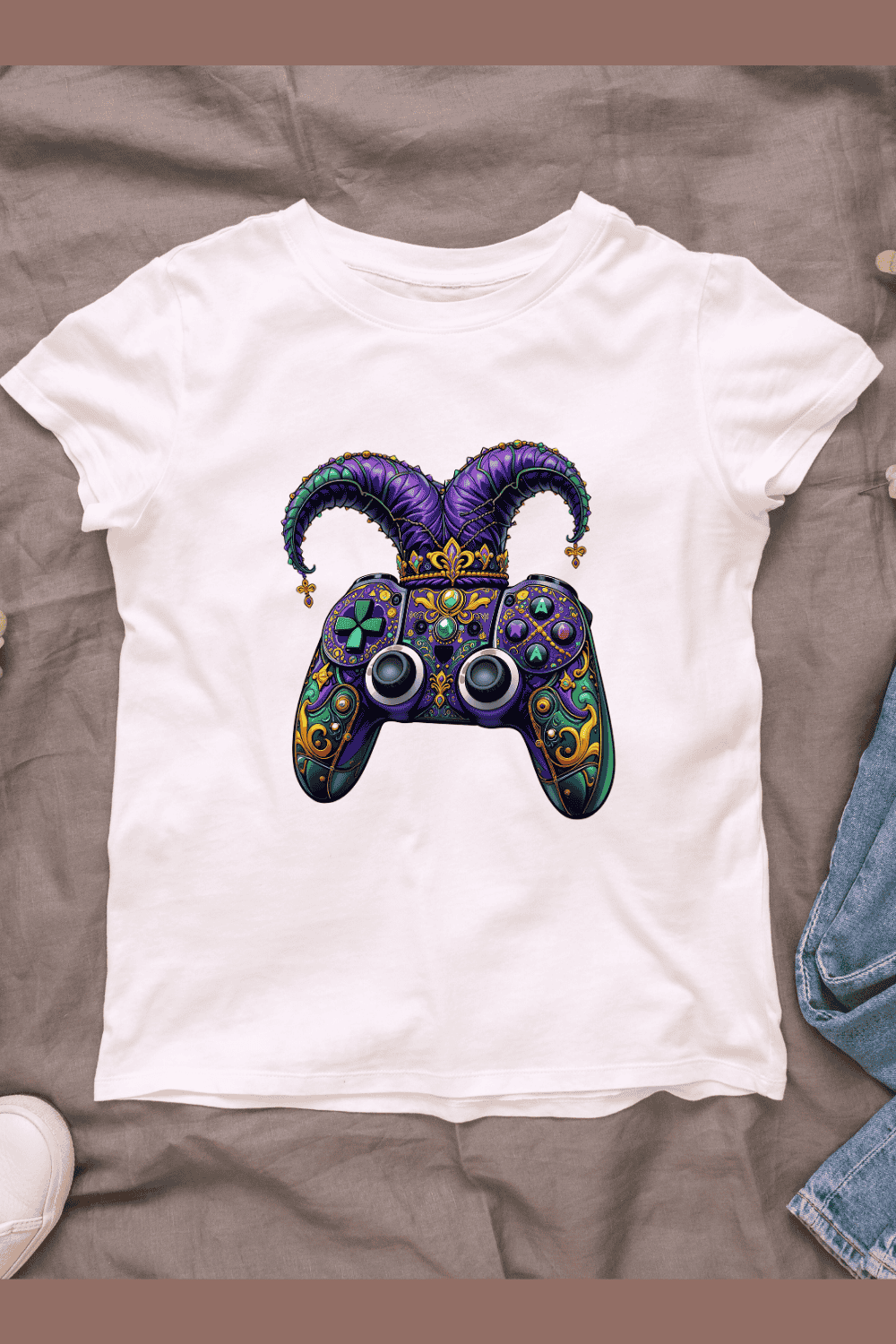 Ornate Jester Hat and Mask on a Game Controller T-shirt Design pinterest preview image.