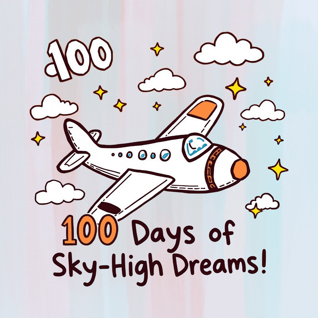 100 Days Themed Airplane with Clouds T-shirt Design preview image.