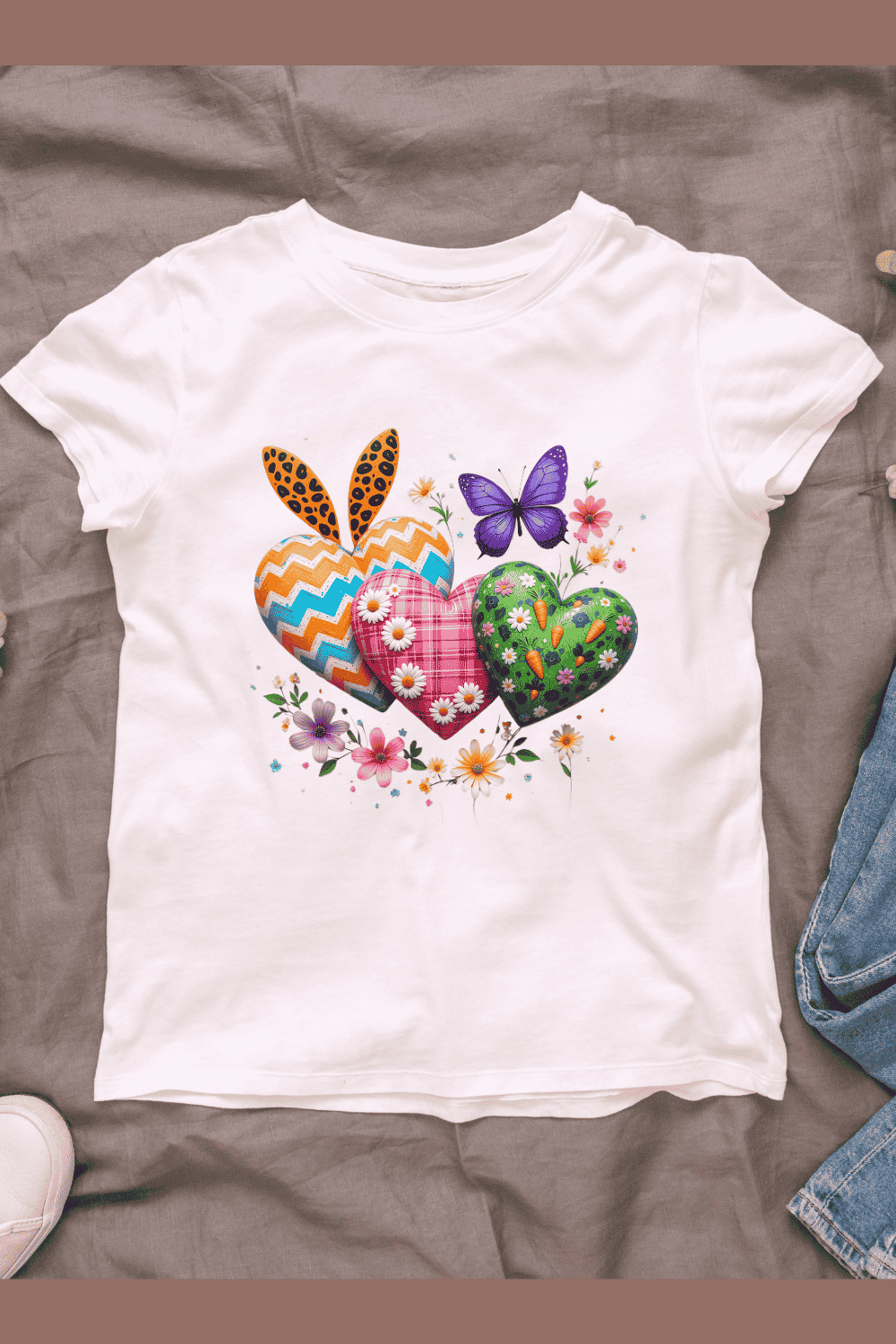 Playful Bunny Ears and Scattered Hearts T-shirt Design pinterest preview image.