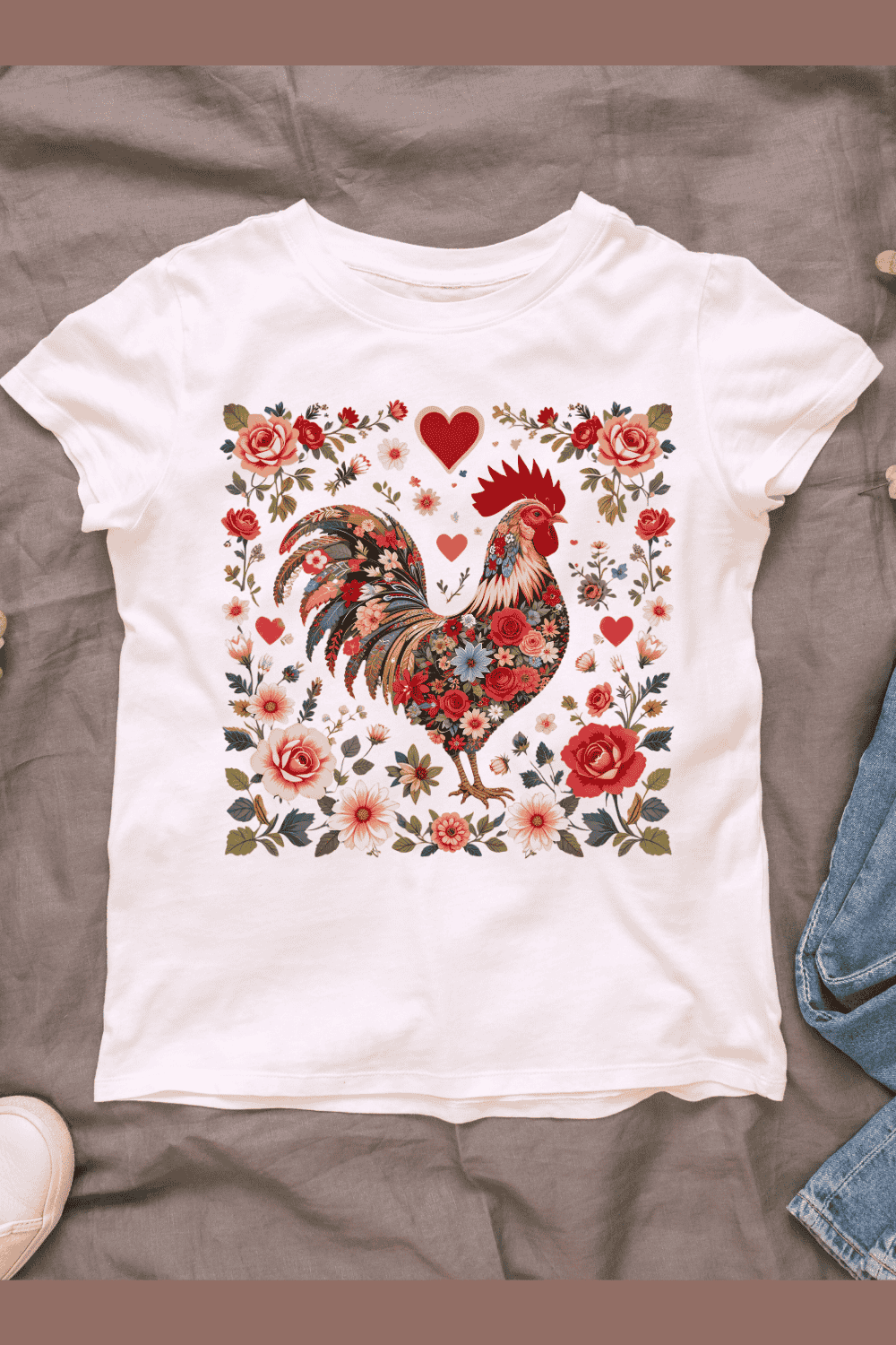 Colorful Folk Art Rooster T-shirt Design pinterest preview image.