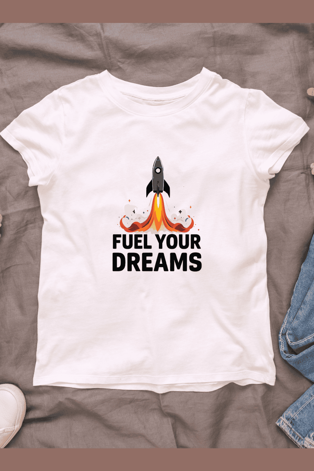 Rocket Launch with Clouds and Fire T-shirt Design pinterest preview image.