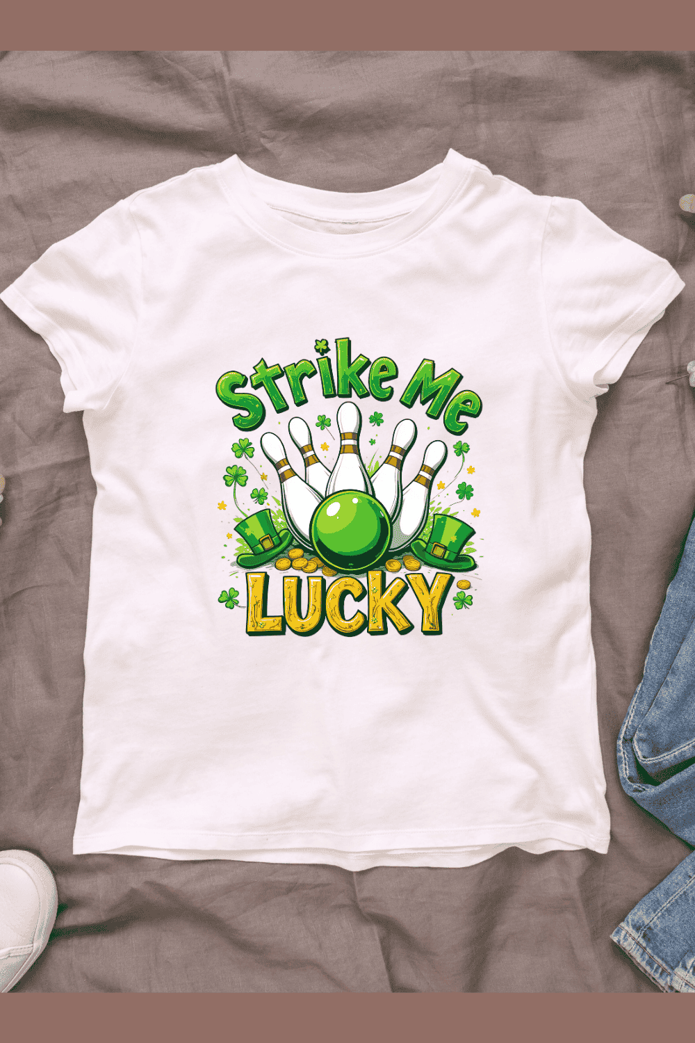 Green Bowling Ball and Pins with Clovers T-shirt Design pinterest preview image.