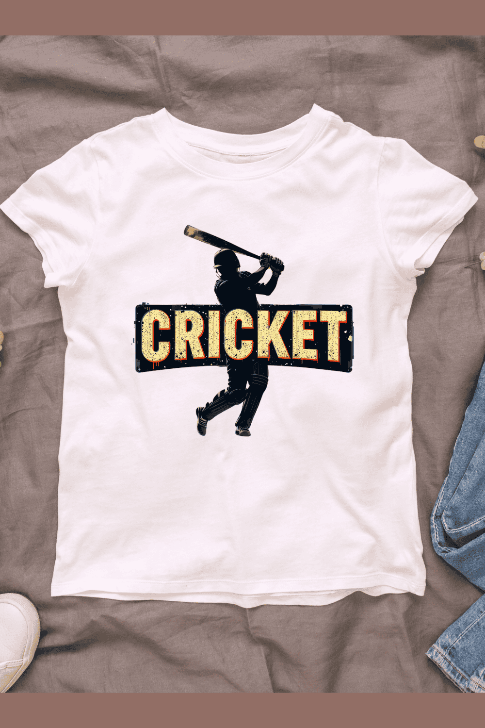 Cricket silhouette of batsman T-Shirt Design pinterest preview image.