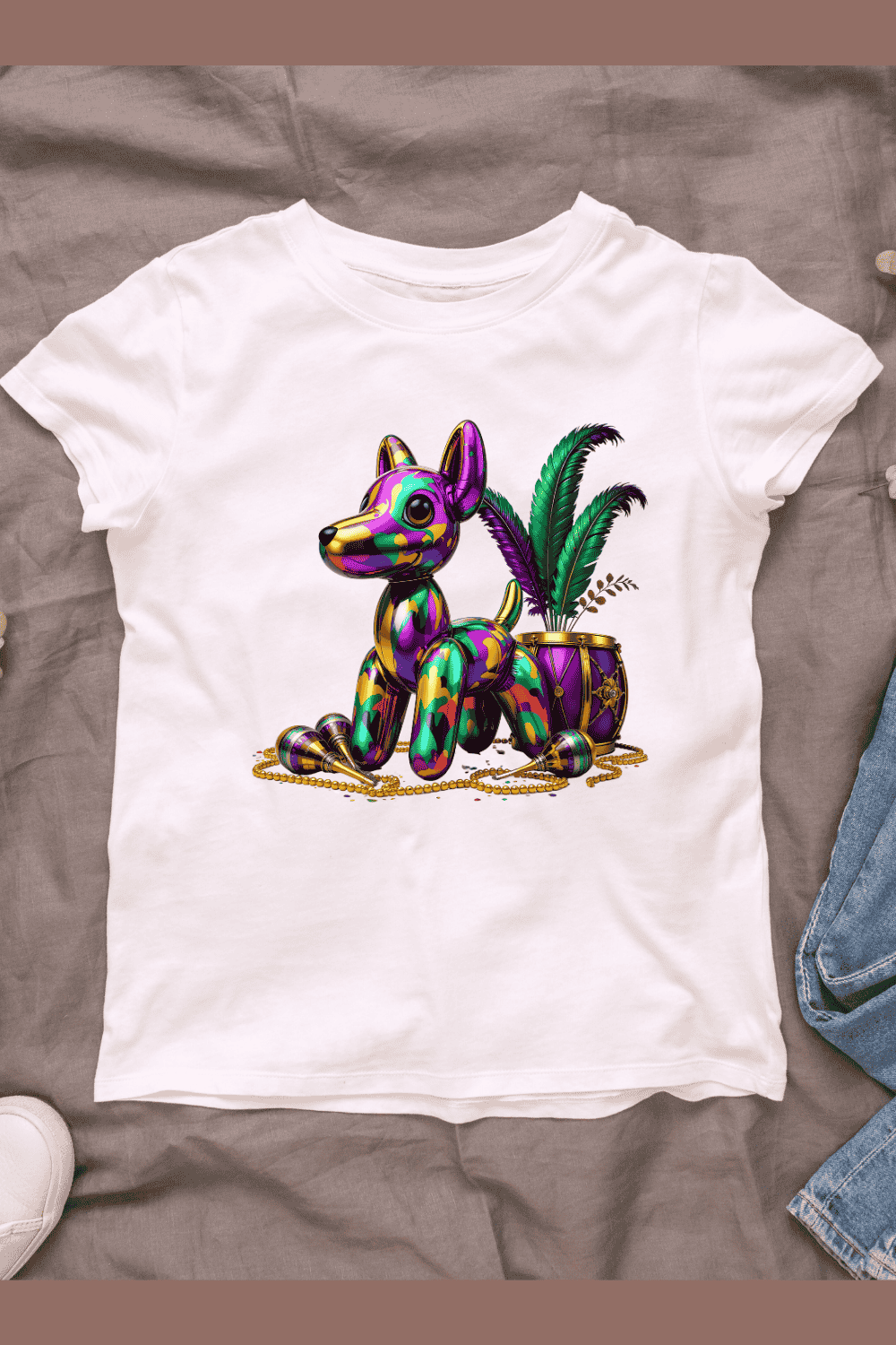 Colorful Dog with Mardi Gras Beads T-shirt Design pinterest preview image.