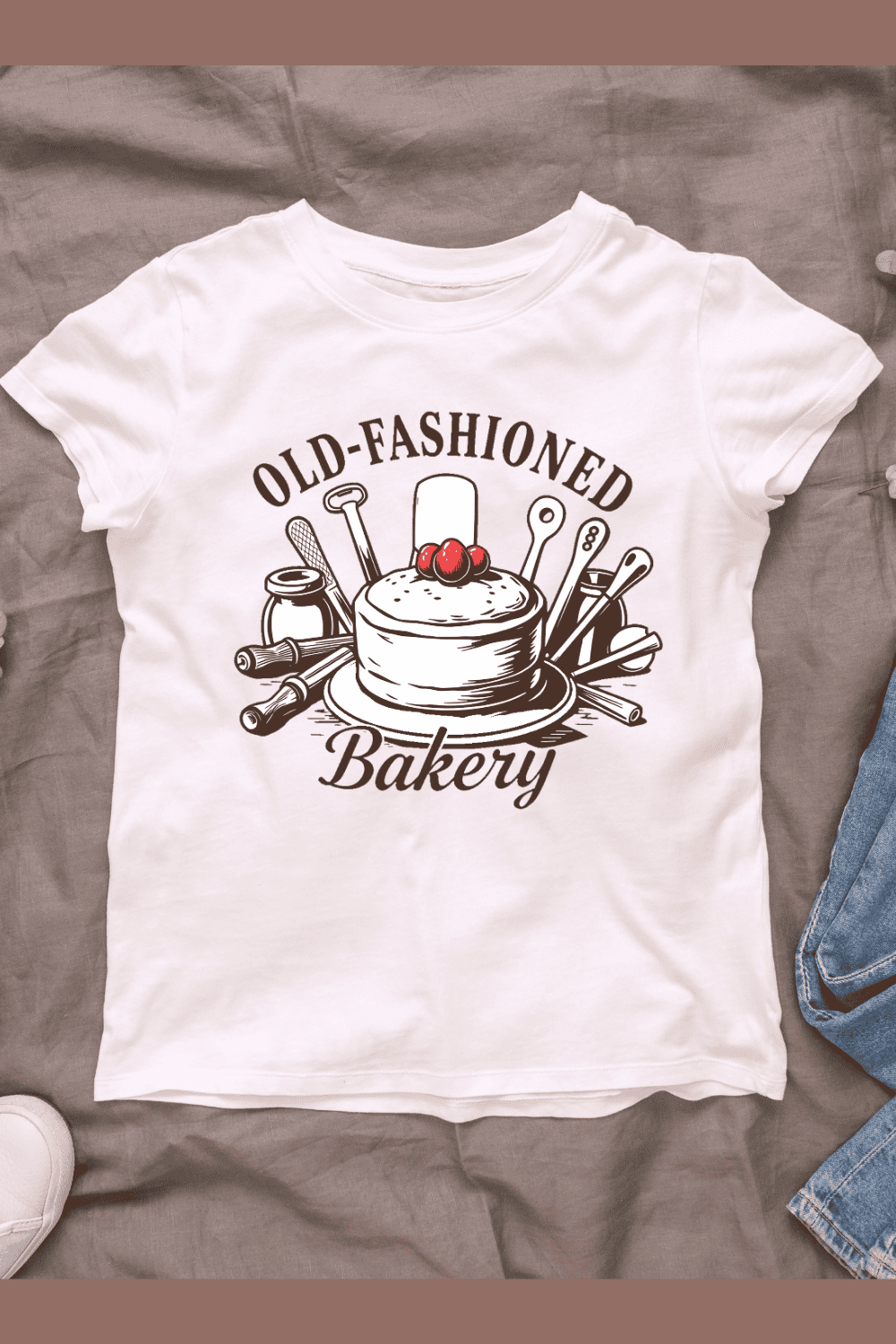 Old-fashioned Cake and Baking Tools T-Shirt Design pinterest preview image.