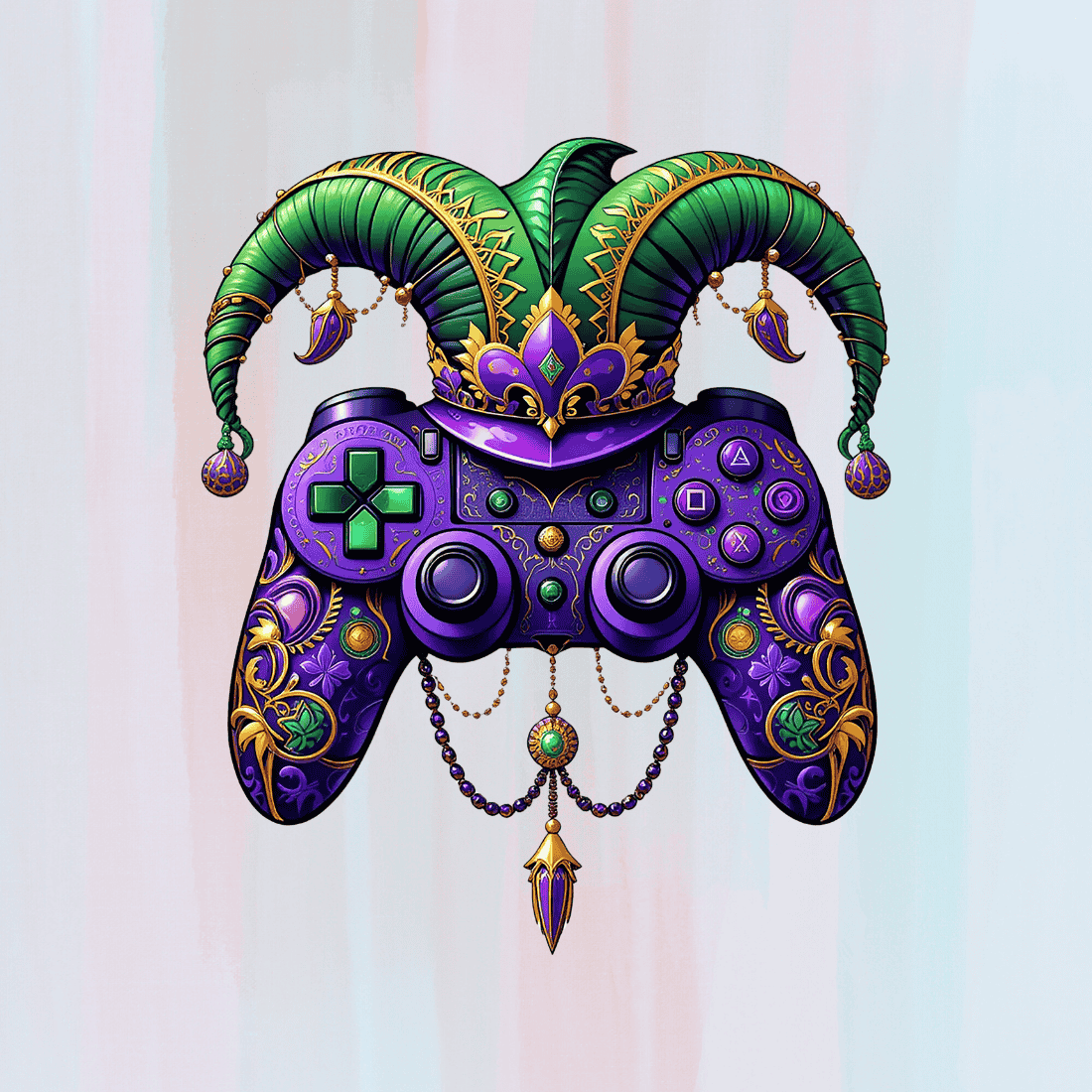 Mardi Gras Themed Video Game Controller with Jester Hat T-shirt Design preview image.