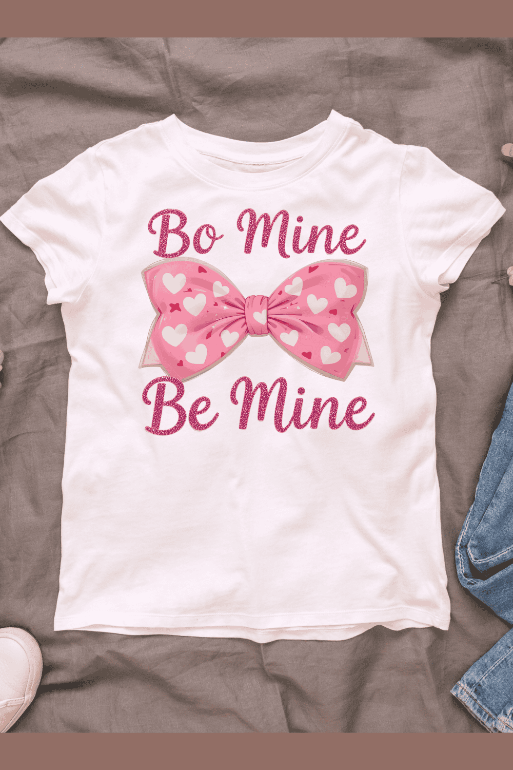 Pink Bow with White Hearts and Be Mine Text T-shirt Design pinterest preview image.