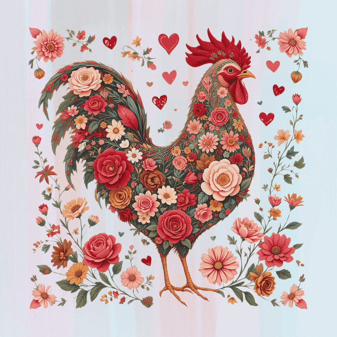 Floral Pattern Rooster With Red Roses T-shirt Design preview image.