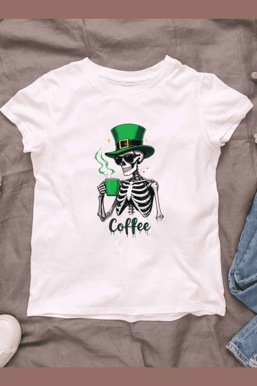 St Patrick's Day Skeleton Coffee T-shirt Design pinterest preview image.