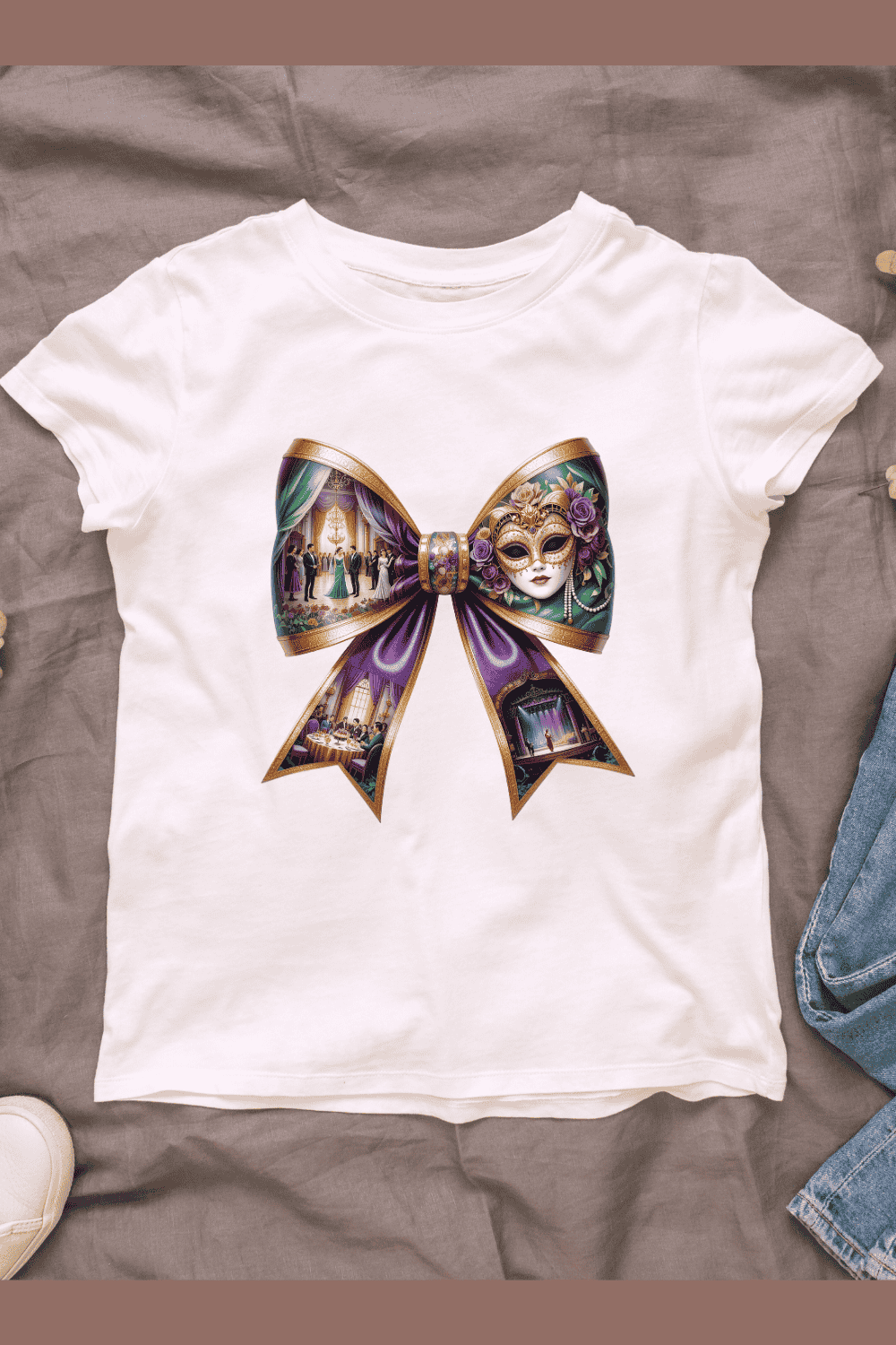 Bow with Mardi Gras theme T-shirt Design pinterest preview image.