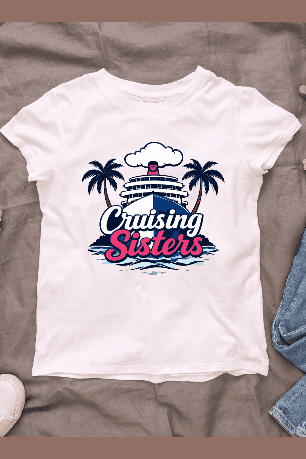 Retro cruise sister with palm trees T-Shirt Design pinterest preview image.