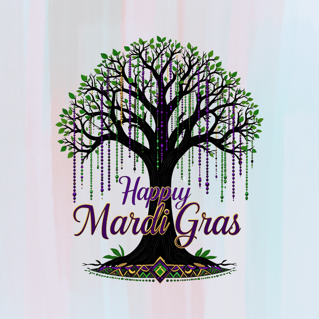 Mardi Gras tree with beaded necklaces hanging from branches T-Shirt Design preview image.