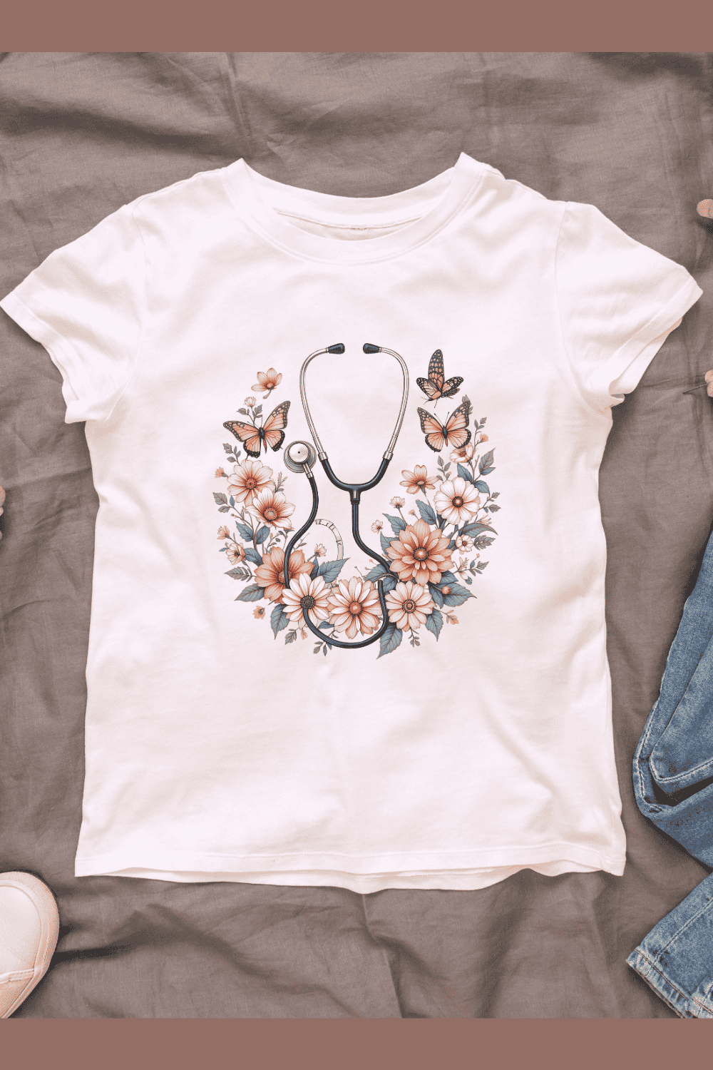 Stethoscope with Flowers and Butterflies T-shirt Design pinterest preview image.