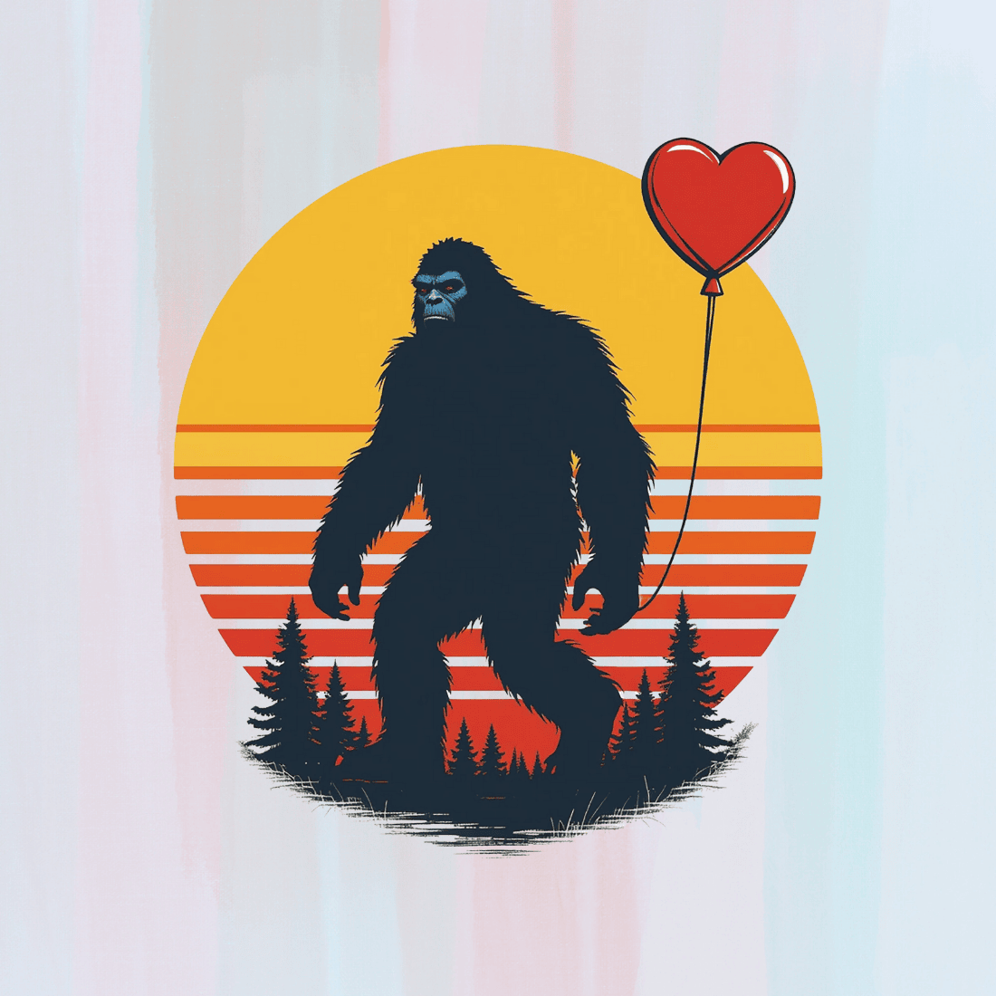 Retro sunset bigfoot with heart-shaped balloon T-shirt Design preview image.