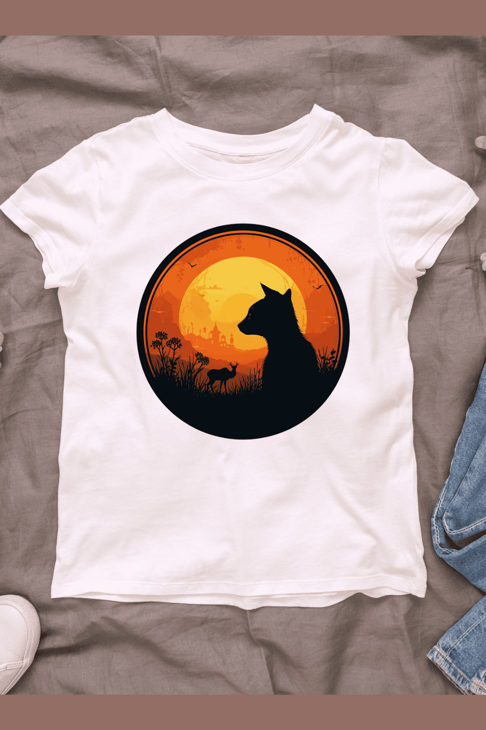 Retro Silhouette Cat and Deer at Sunset T-Shirt Design pinterest preview image.