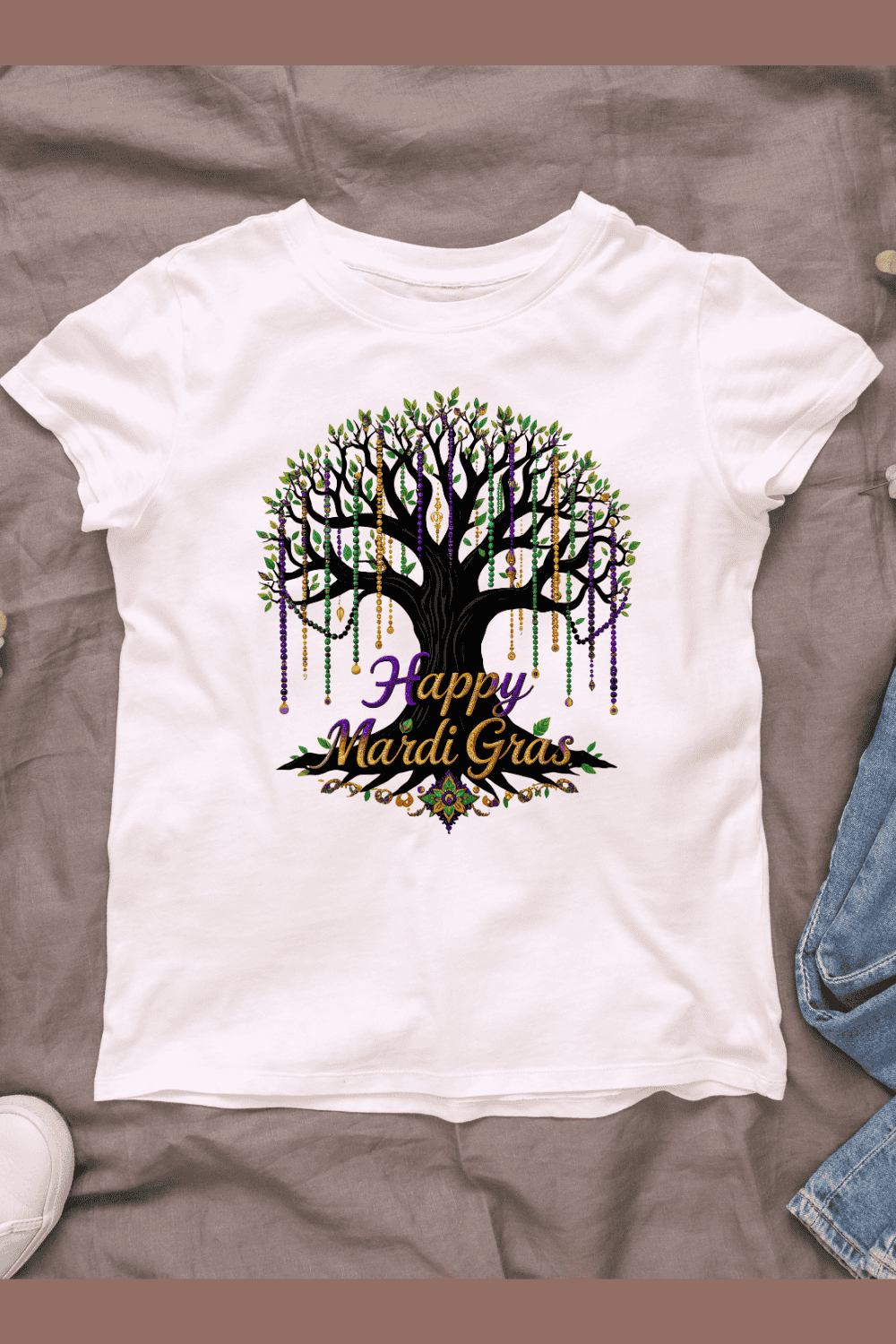 Mardi Gras celebration tree with colorful beads hanging T-Shirt Design pinterest preview image.