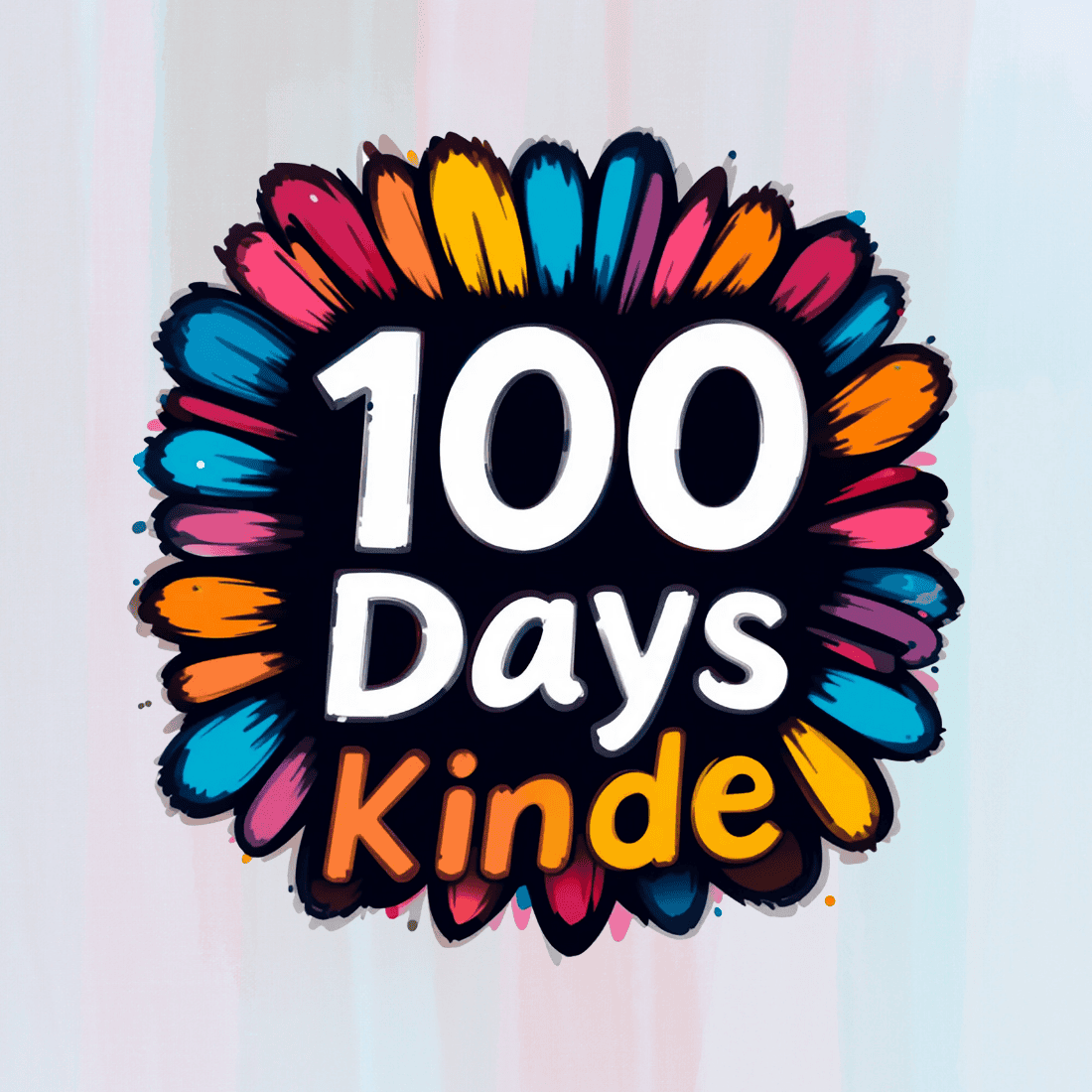 Colorful flower petals with"100 Days Kinder" text T-shirt Design preview image.