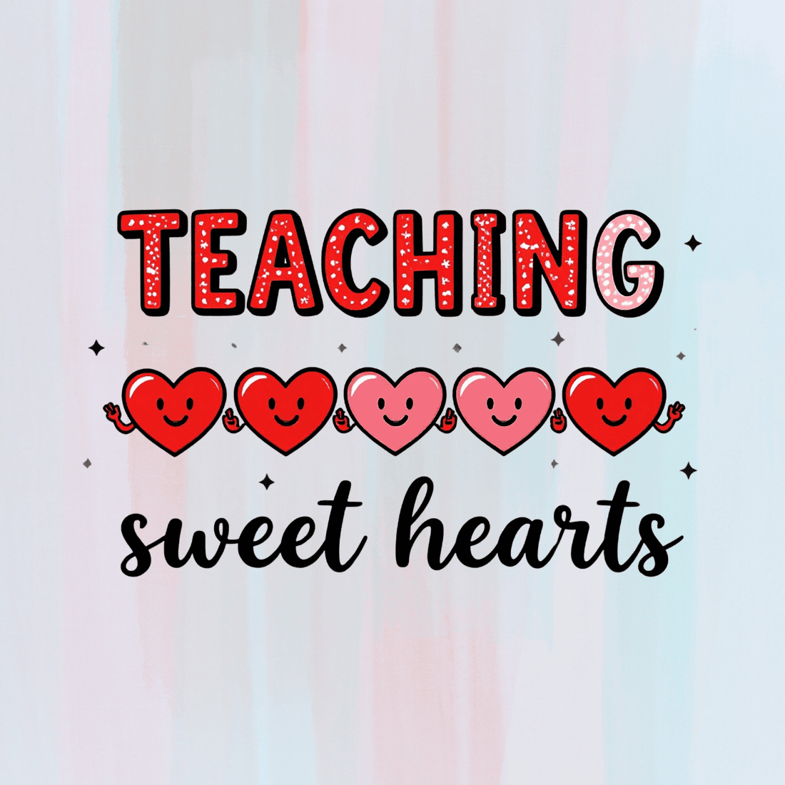 Typography "Teaching sweet hearts" with Smiley faces on hearts T-Shirt Design preview image.