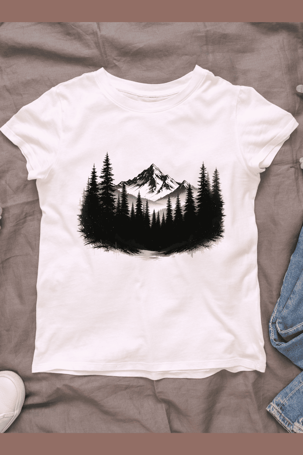 Tranquil Mountain Landscape with Trees T-shirt Design pinterest preview image.