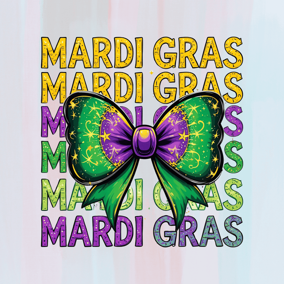 Colorful Mardi Gras Text with Bow Tie T-shirt Design preview image.