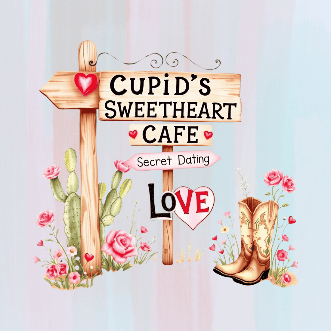 Cupid's Sweetheart Cafe Sign with Cactus and Roses T-shirt Design preview image.