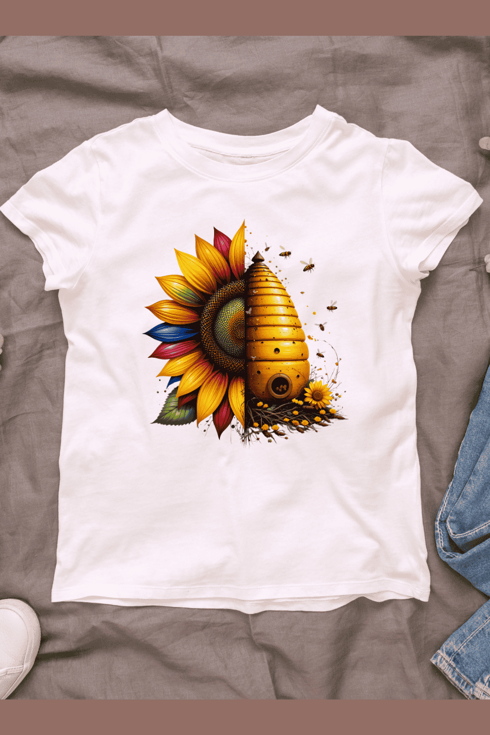 Colorful half sunflower with half beehive T-Shirt Design pinterest preview image.