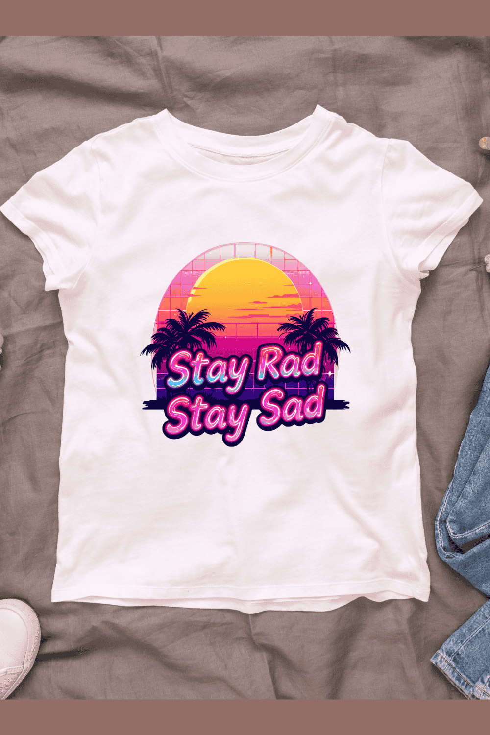 80s retro with Stay Rad Stay Sad Text T-shirt Design pinterest preview image.