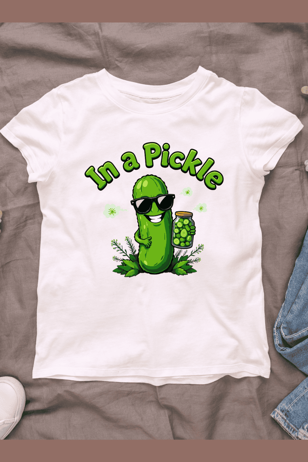 Cucumber with In a Pickle Text T-shirt Design pinterest preview image.